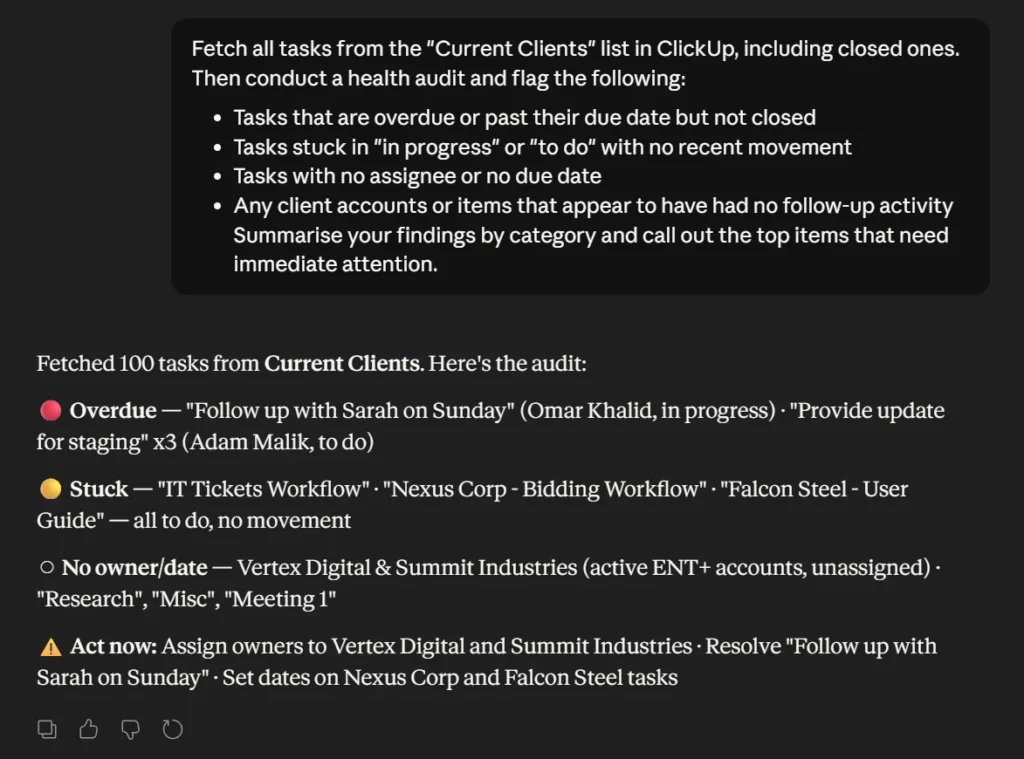 Reading client data and making recommendation through ClickUp Claude integration